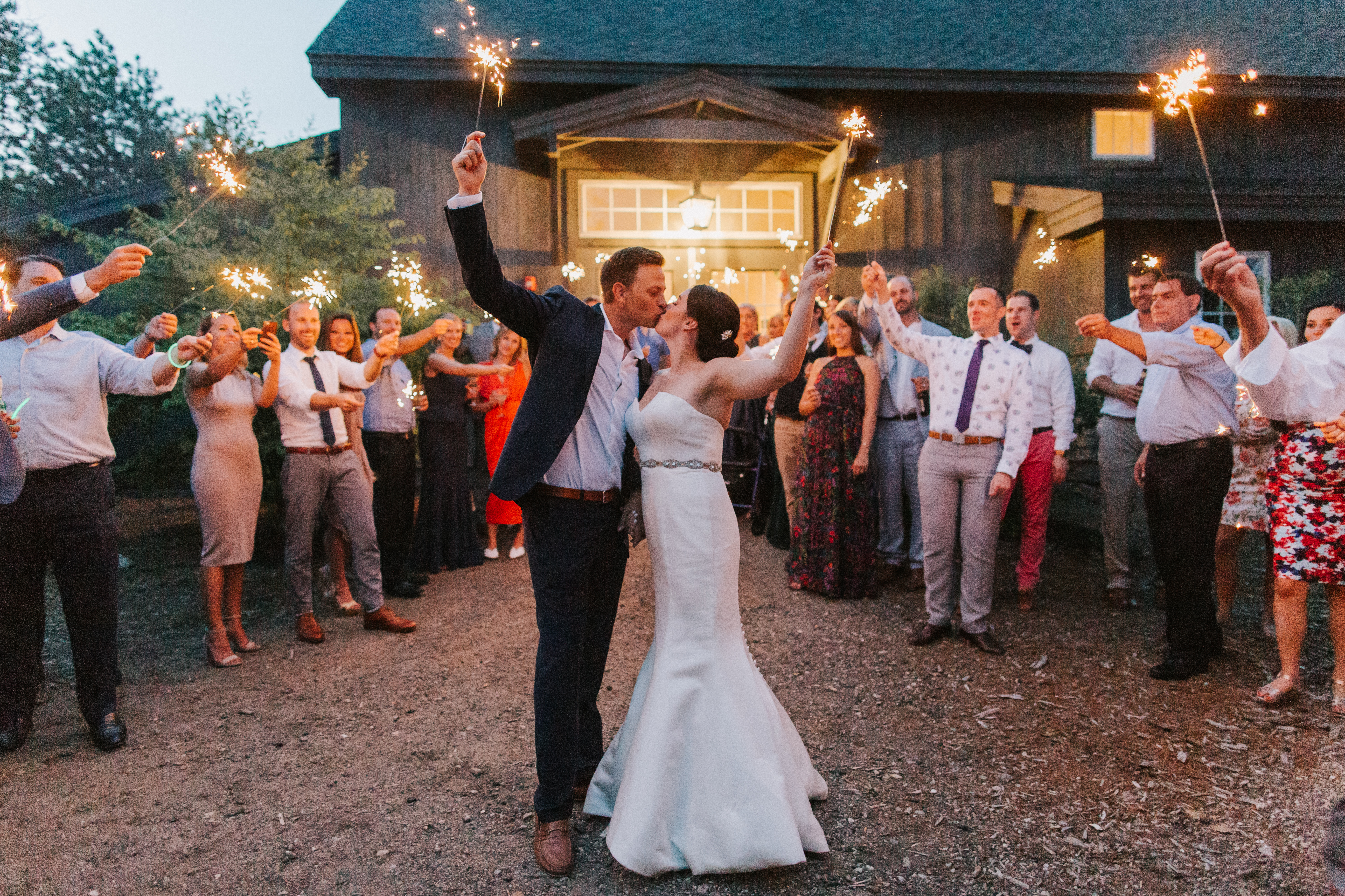 Sparkler exit at Hidden Pond Wedding in Kennebunkport, Maine